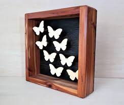 Natural Wood Polished Box Frame with Butterflies